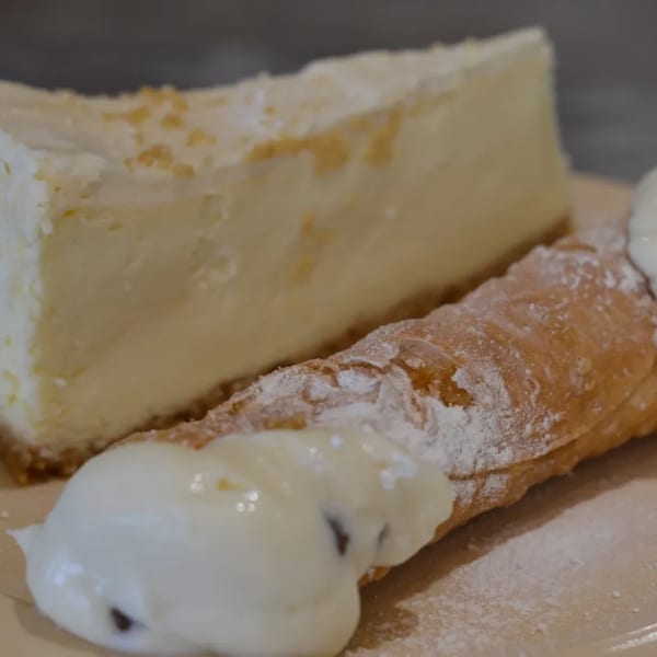 A slice of cheesecake and a cannoli with powdered sugar and cream filling on a plate.
